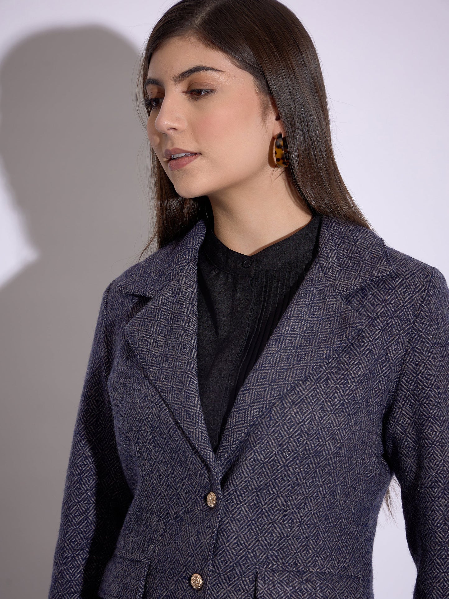 Navy Tweed Notch Collar Single-Breasted Blazer