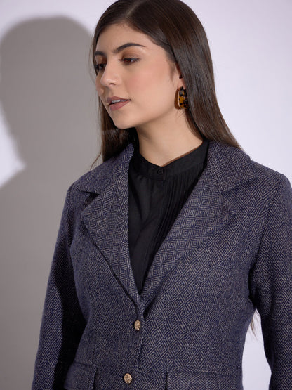 Navy Tweed Notch Collar Single-Breasted Blazer