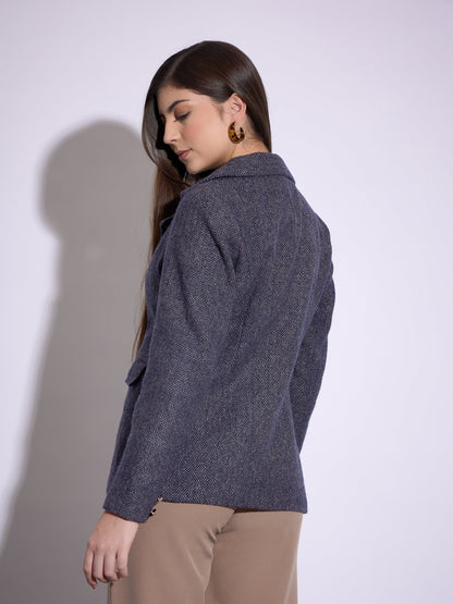 Navy Tweed Notch Collar Single-Breasted Blazer