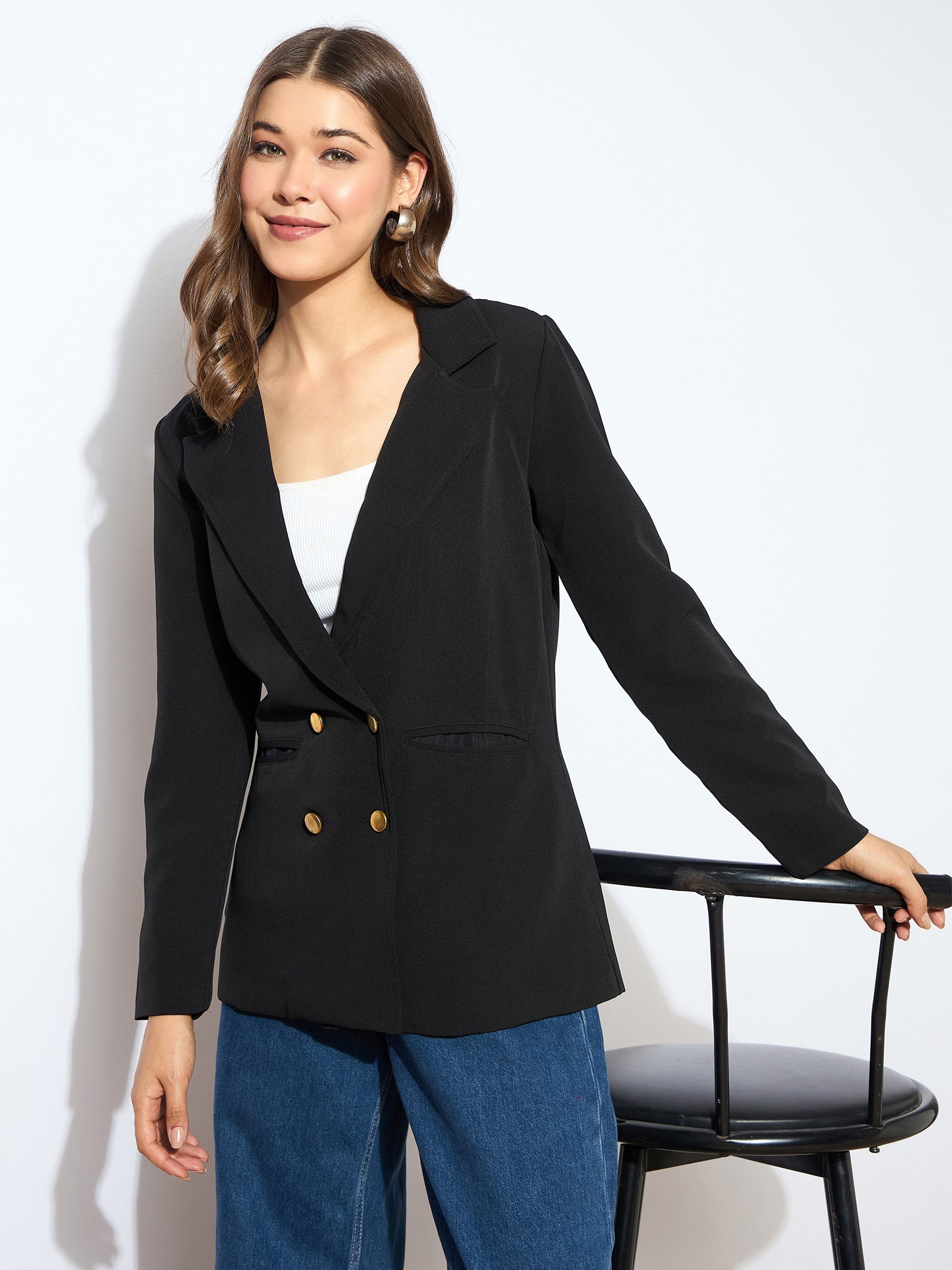 Women's Women Black Double-Breasted Blazer in Crepe by Sassafras for wholesale, bulk, supplier, manufacturer and wholesaler buyers from Trendphoria