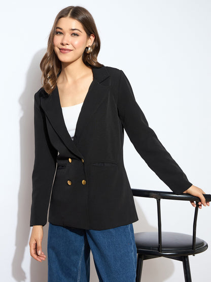 Women's Women Black Double-Breasted Blazer in Crepe by Sassafras for wholesale, bulk, supplier, manufacturer and wholesaler buyers from Trendphoria