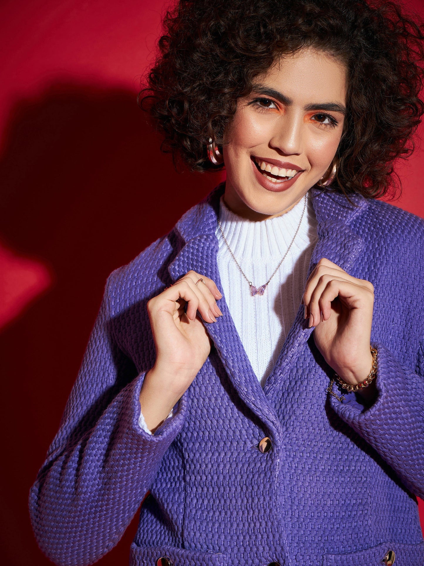 Purple Tweed Notch Collar Blazer
