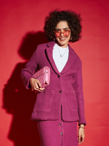 Magenta Tweed Notch Collar Blazer