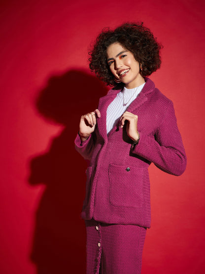 Magenta Tweed Notch Collar Blazer