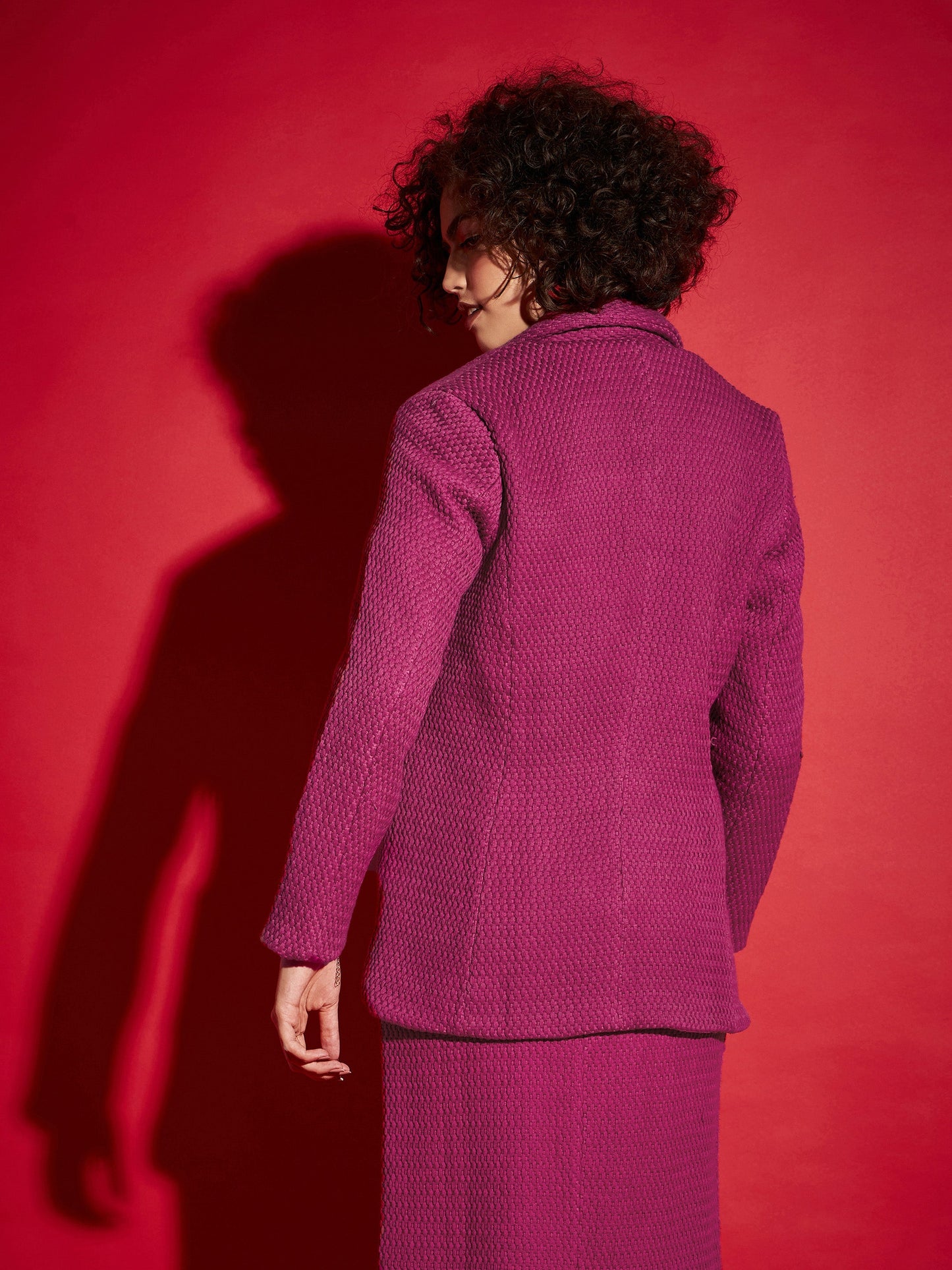 Magenta Tweed Notch Collar Blazer