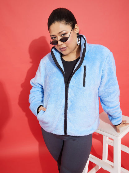 Blue Fur Contrast Piping Zipper Jacket