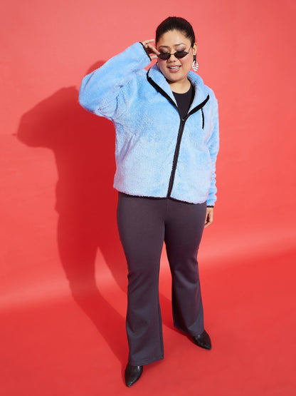 Blue Fur Contrast Piping Zipper Jacket