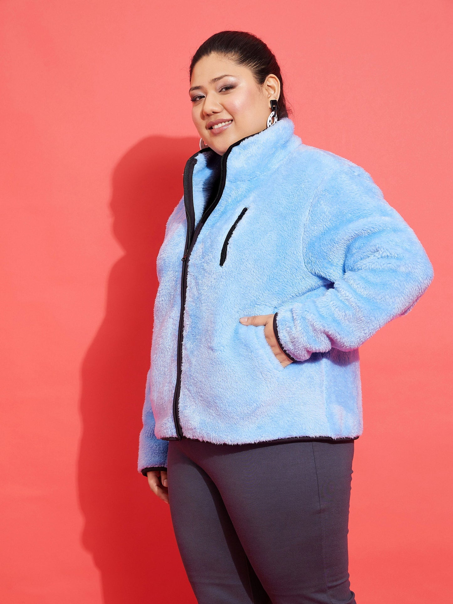 Blue Fur Contrast Piping Zipper Jacket