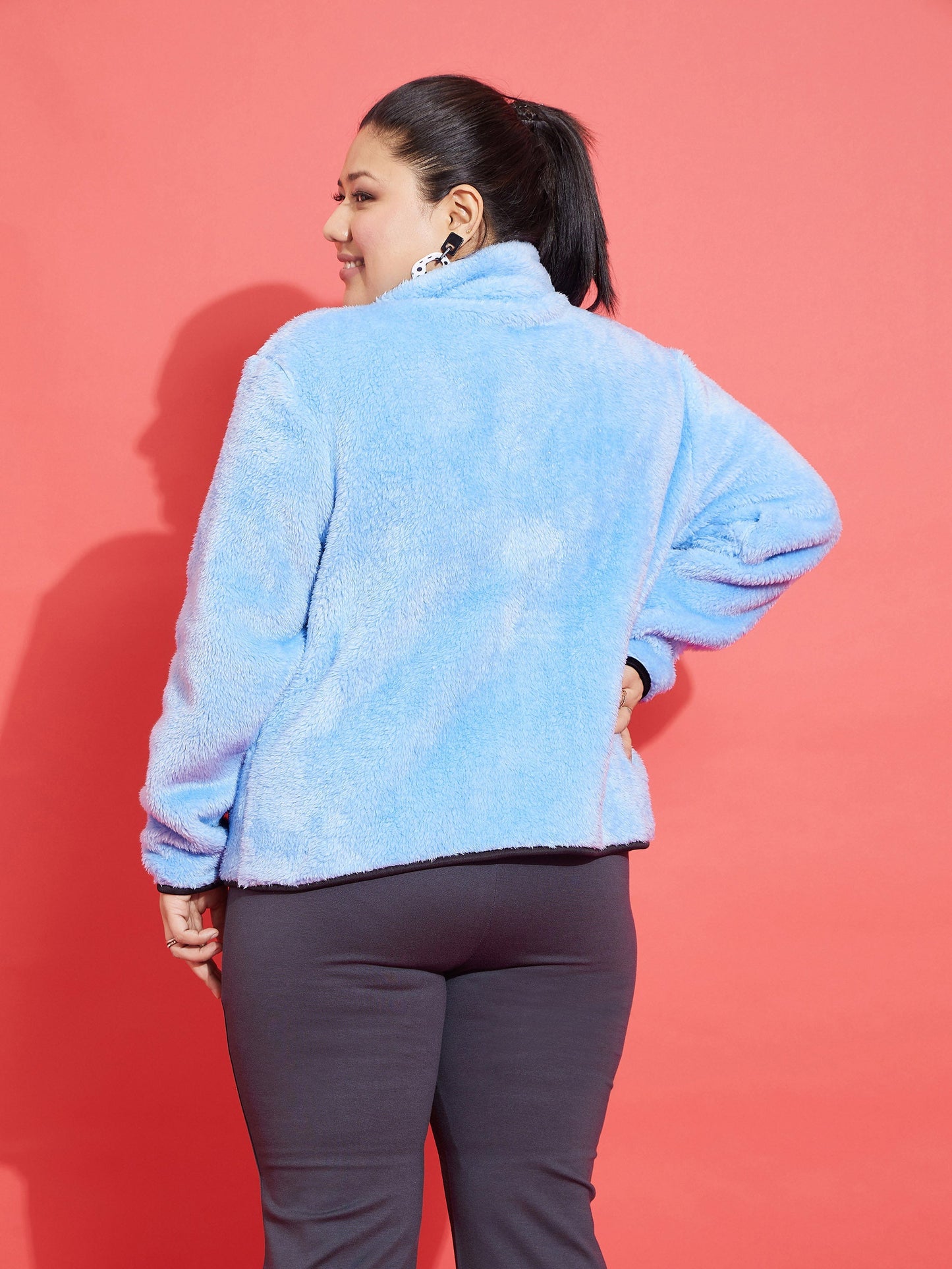 Blue Fur Contrast Piping Zipper Jacket