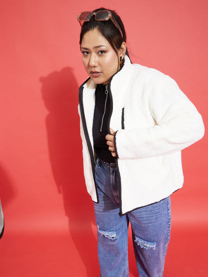 White Fur Contrast Piping Zipper Jacket