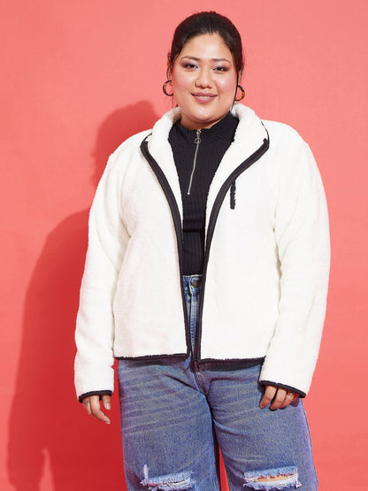 White Fur Contrast Piping Zipper Jacket