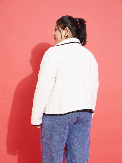 White Fur Contrast Piping Zipper Jacket