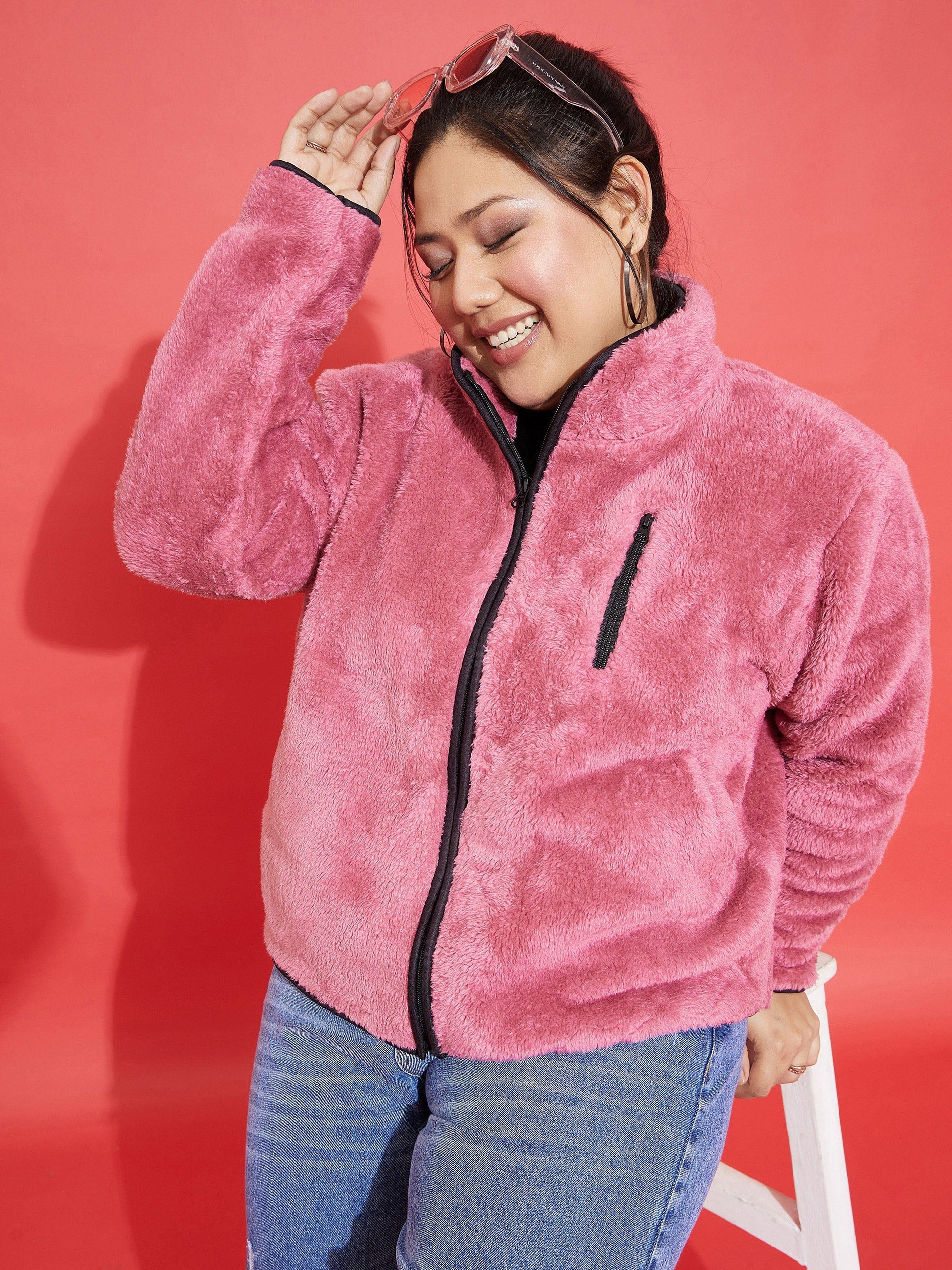 Plus size women's Pink Polyester Pink Fur Contrast Piping Zipper Jacket by Sassafras Curve for wholesale buyers, boutiques, resellers and bulk orders