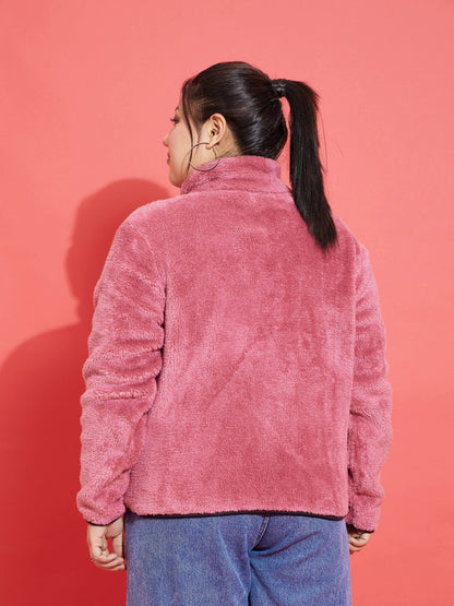 Pink Fur Contrast Piping Zipper Jacket-SASSAFRAS Curve