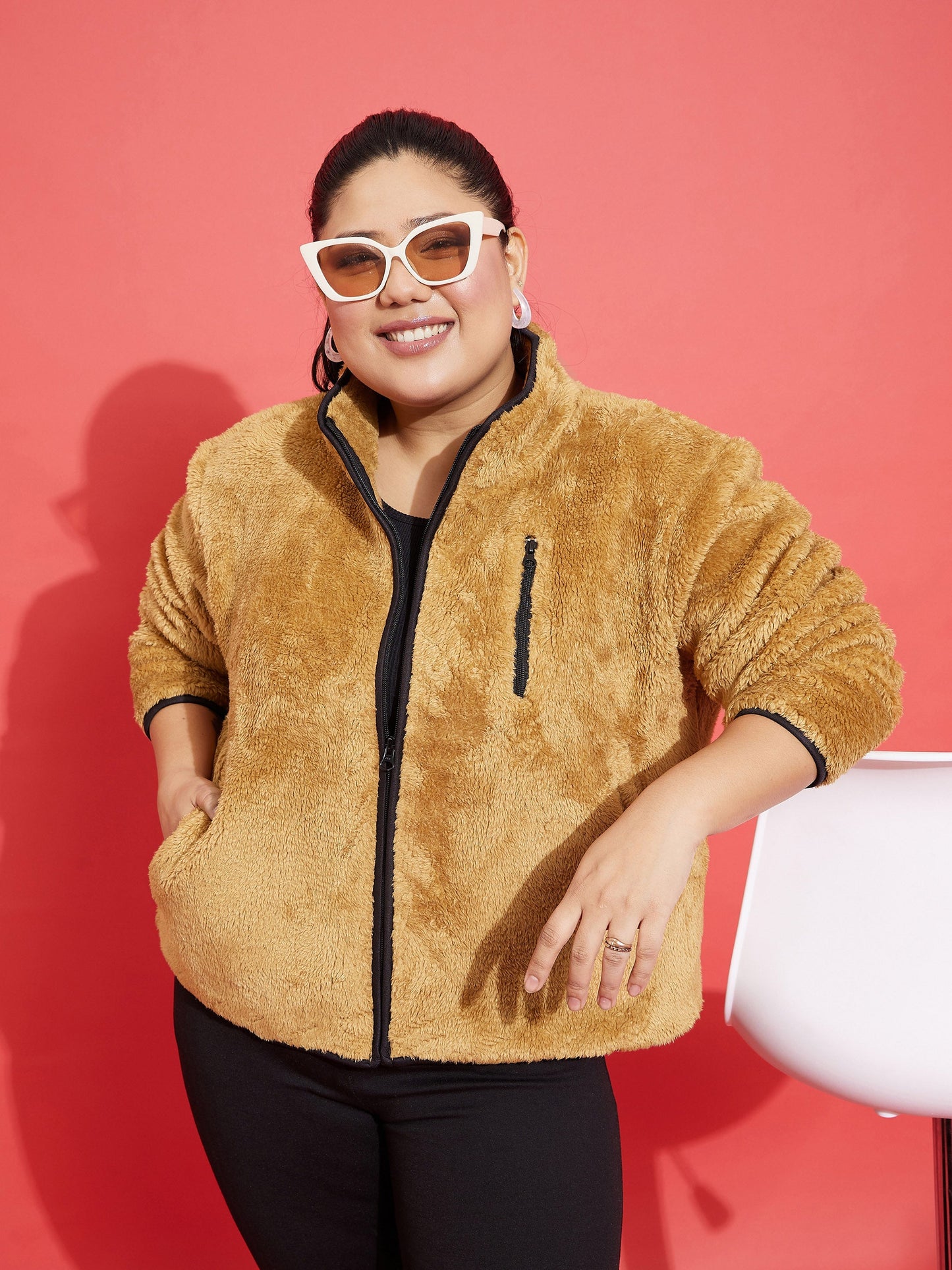 Brown Fur Contrast Piping Zipper Jacket