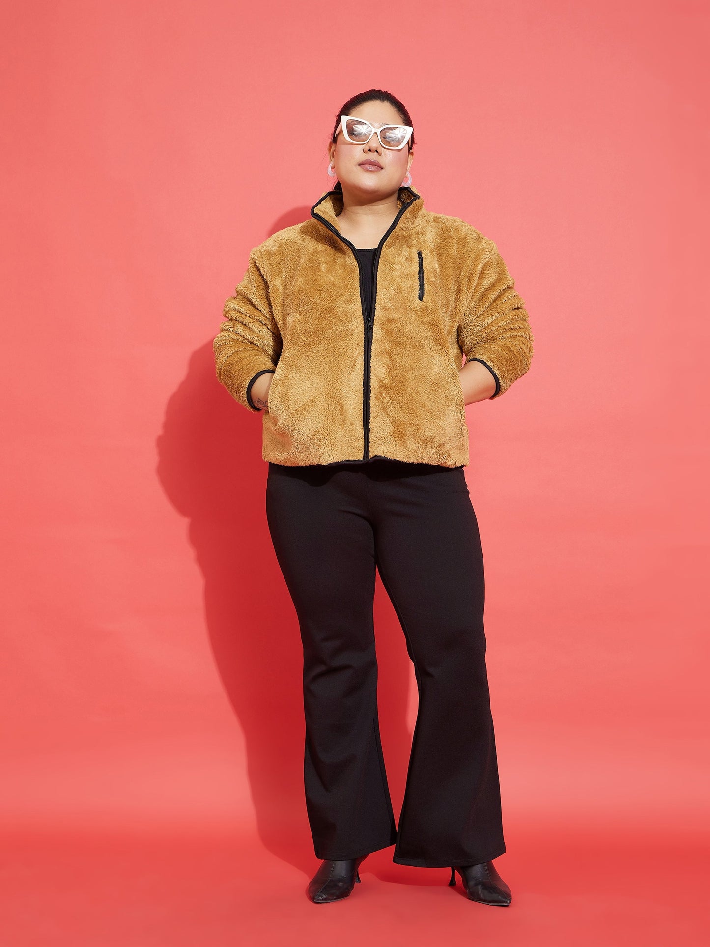 Brown Fur Contrast Piping Zipper Jacket