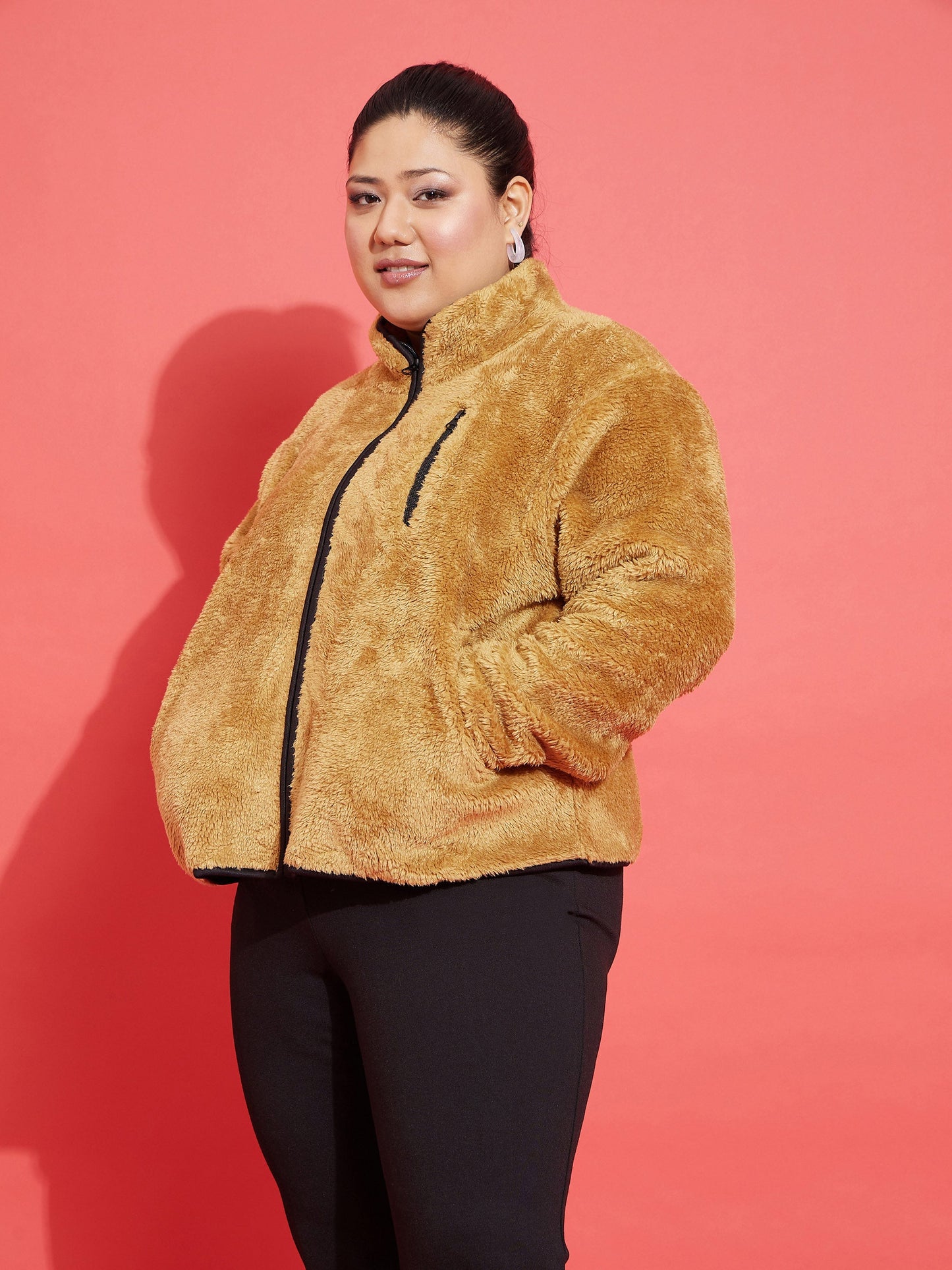 Brown Fur Contrast Piping Zipper Jacket