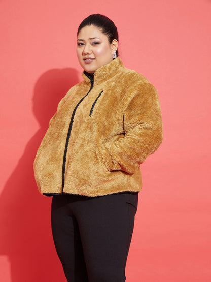 Brown Fur Contrast Piping Zipper Jacket