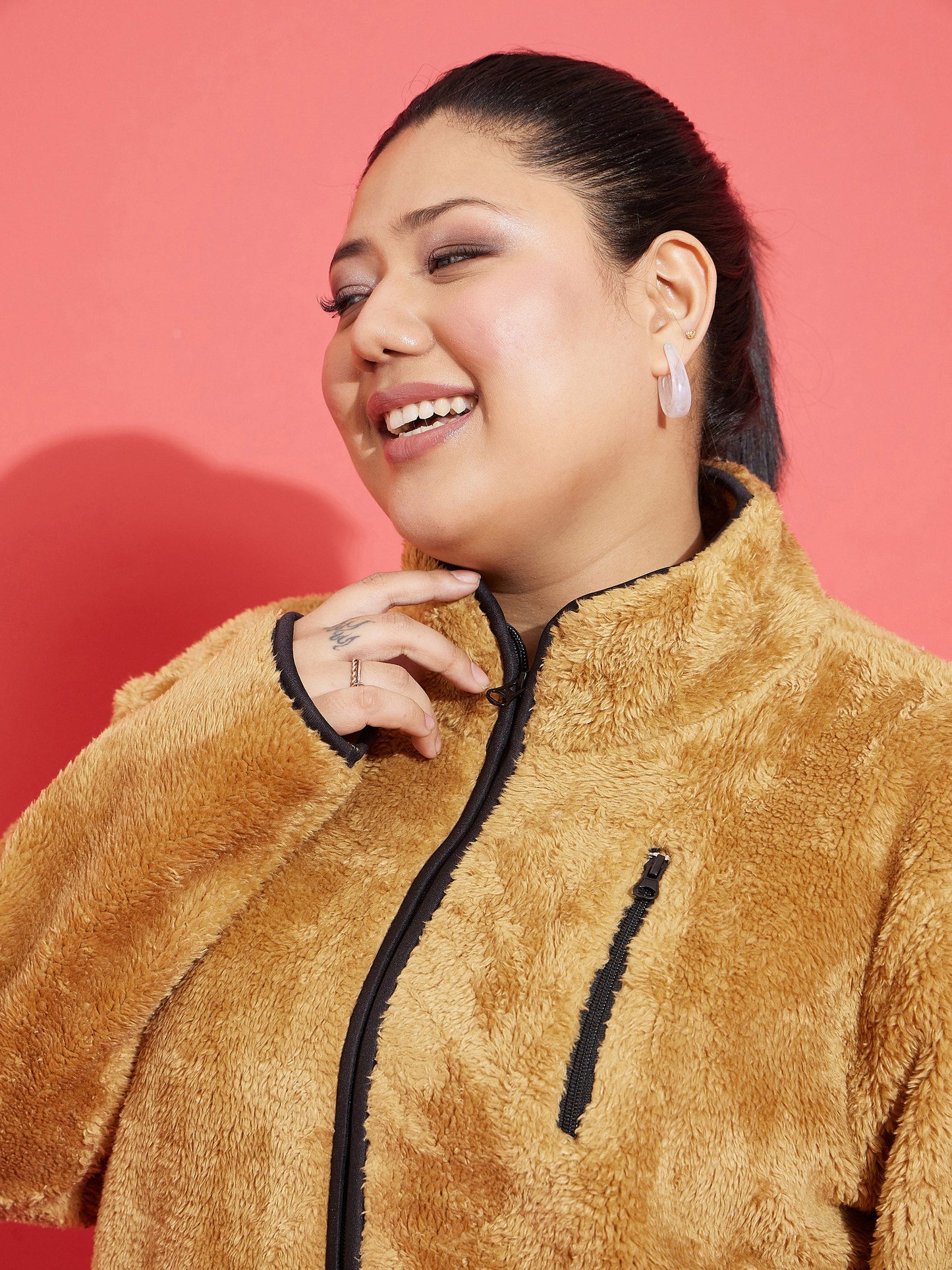 Brown Fur Contrast Piping Zipper Jacket