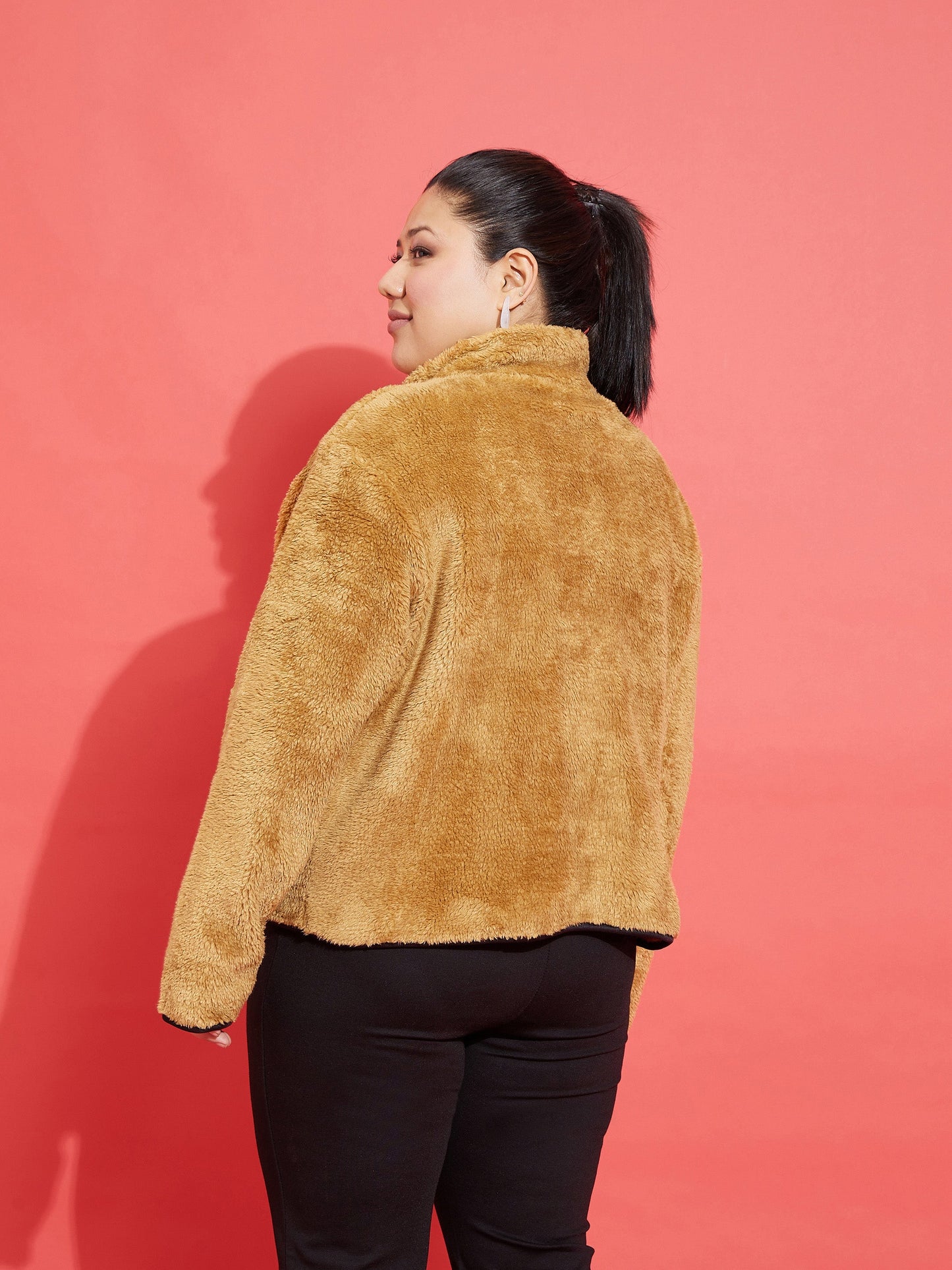 Brown Fur Contrast Piping Zipper Jacket