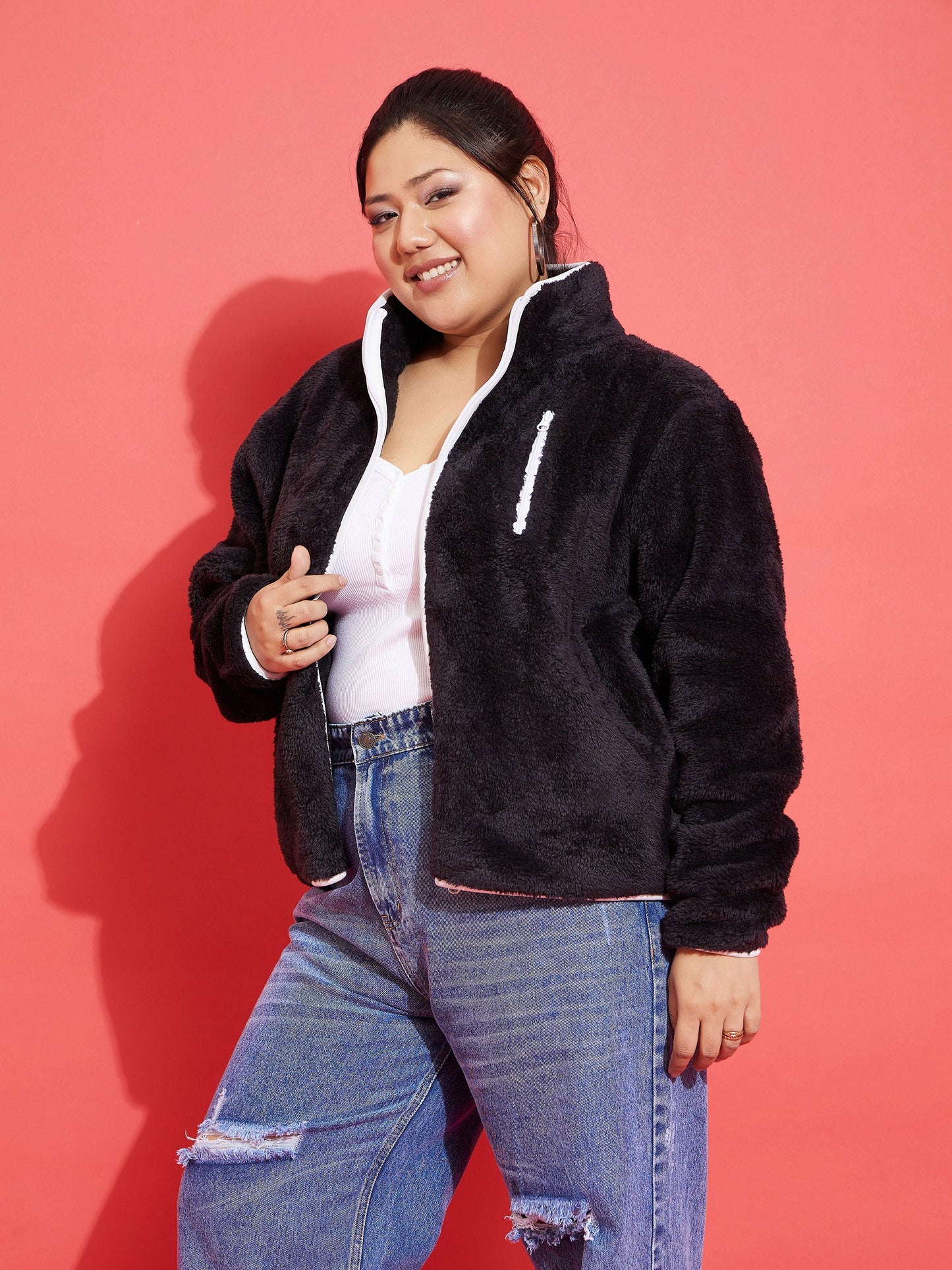 Black Fur Contrast Piping Zipper Jacket
