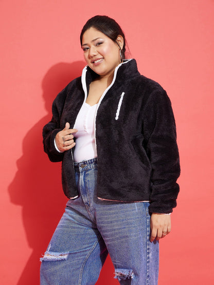 Black Fur Contrast Piping Zipper Jacket