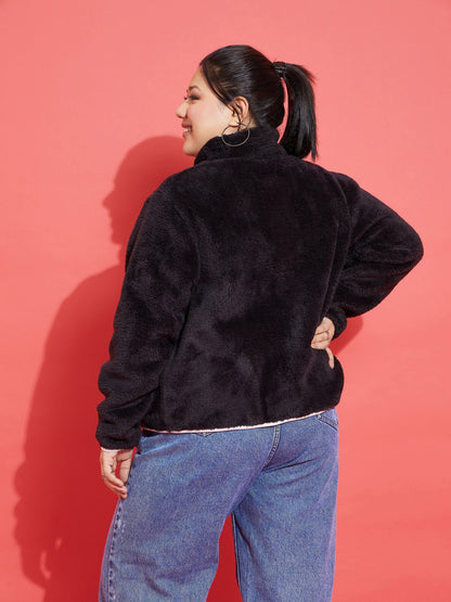 Black Fur Contrast Piping Zipper Jacket