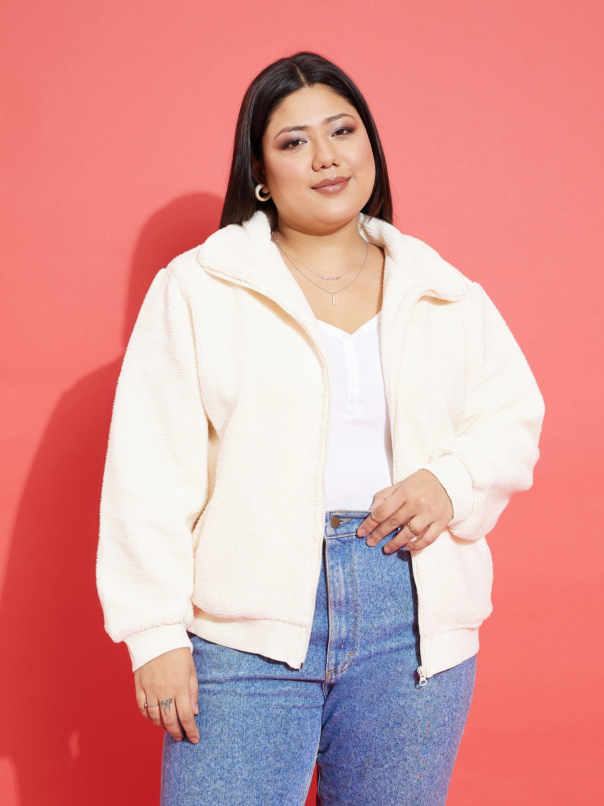 Plus size women's White Polyester White Fur Zipper Jacket by Sassafras Curve for wholesale buyers, boutiques, resellers and bulk orders from