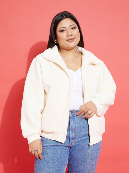 Plus size women's White Polyester White Fur Zipper Jacket by Sassafras Curve for wholesale buyers, boutiques, resellers and bulk orders from
