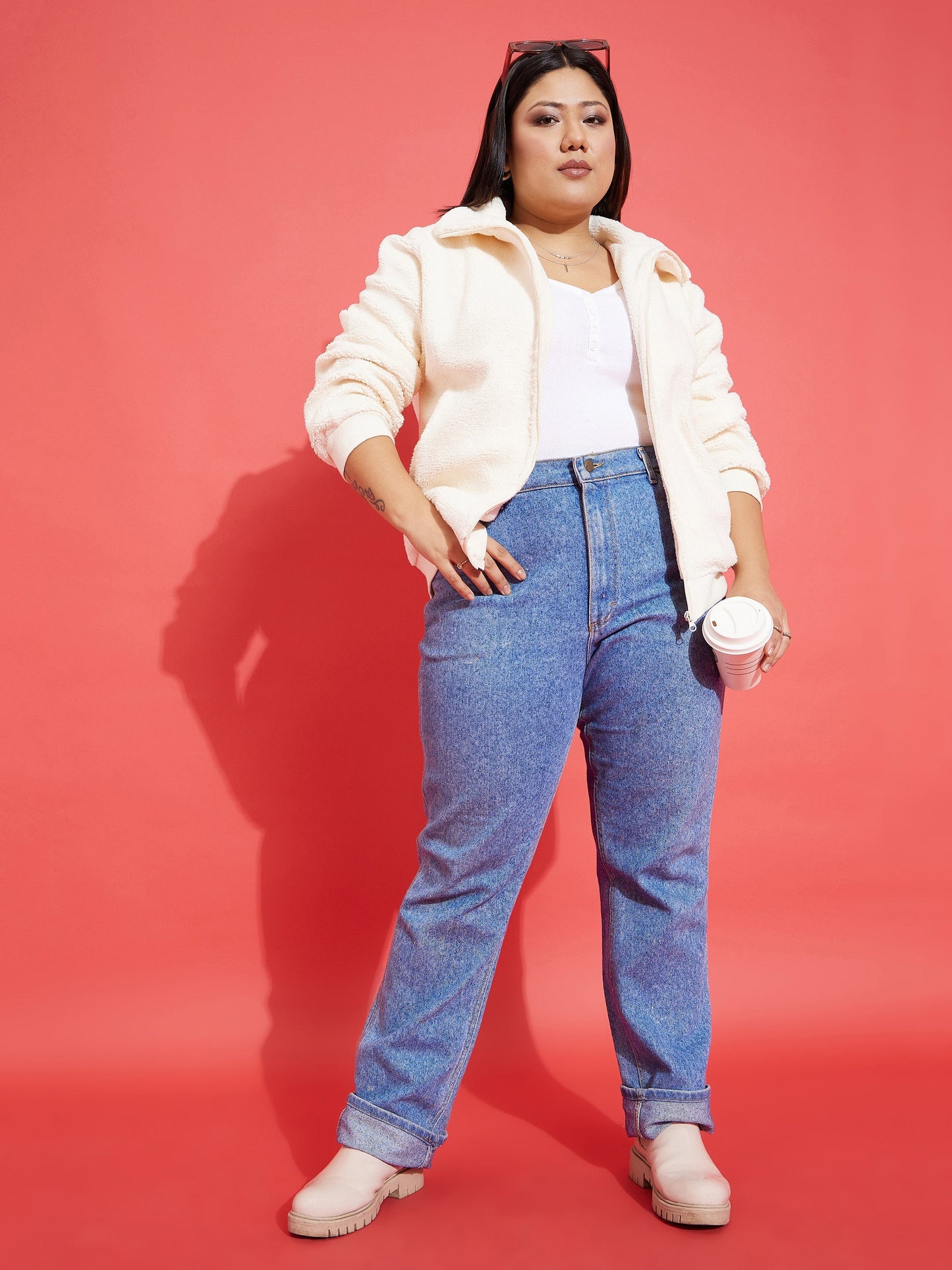 White Fur Zipper Jacket-SASSAFRAS Curve