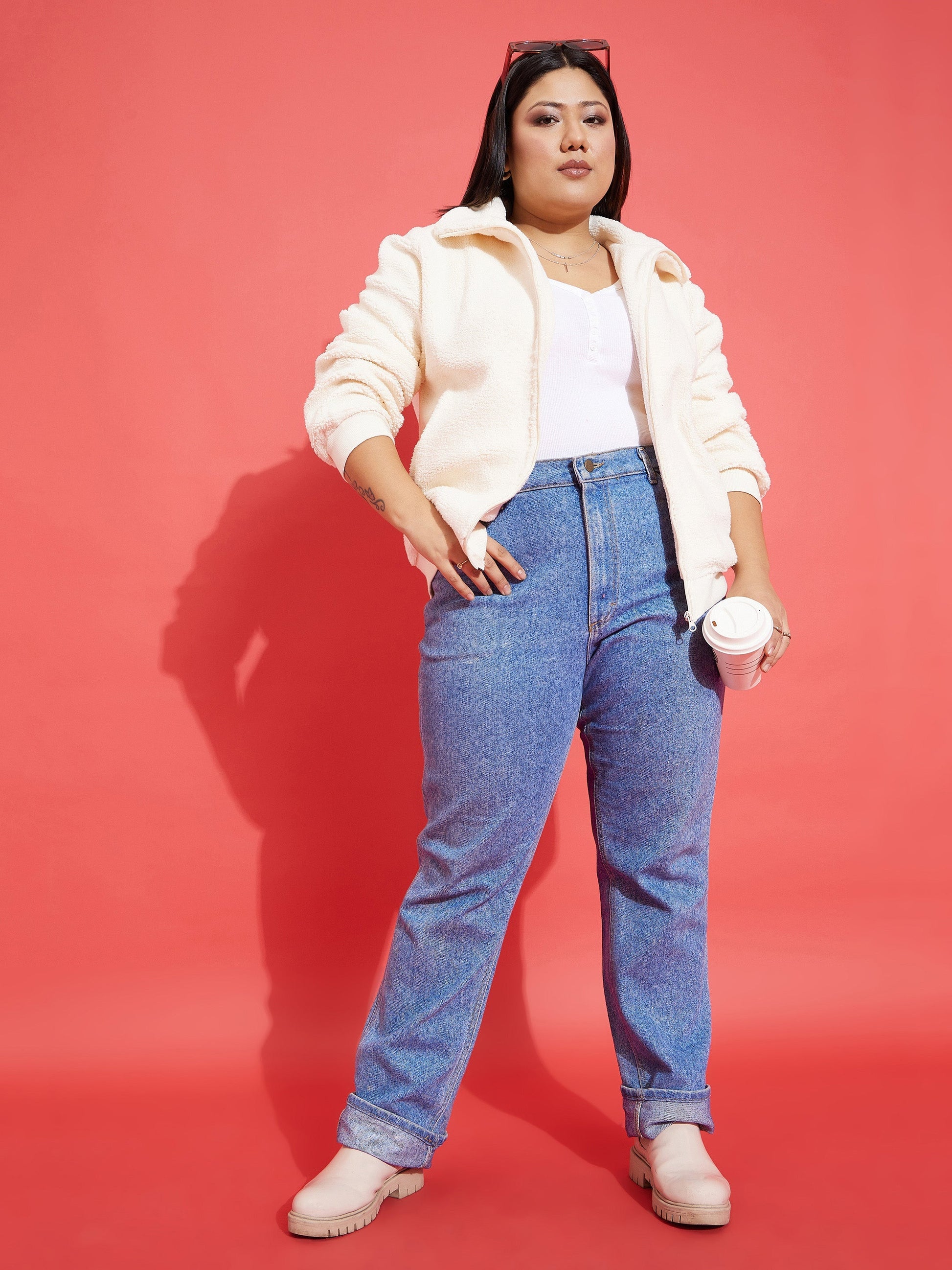 White Fur Zipper Jacket-SASSAFRAS Curve