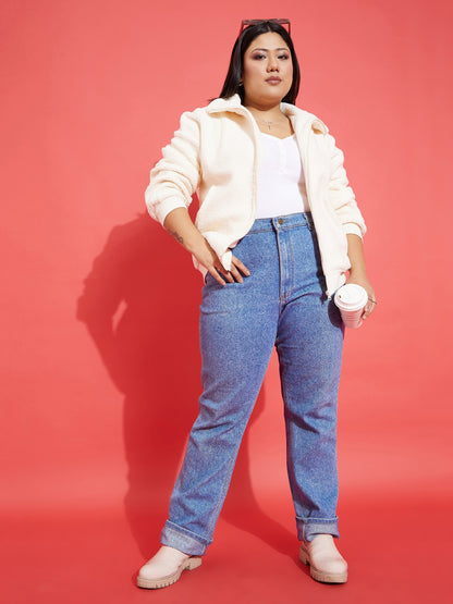 White Fur Zipper Jacket-SASSAFRAS Curve