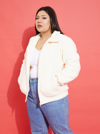 White Fur Zipper Jacket-SASSAFRAS Curve