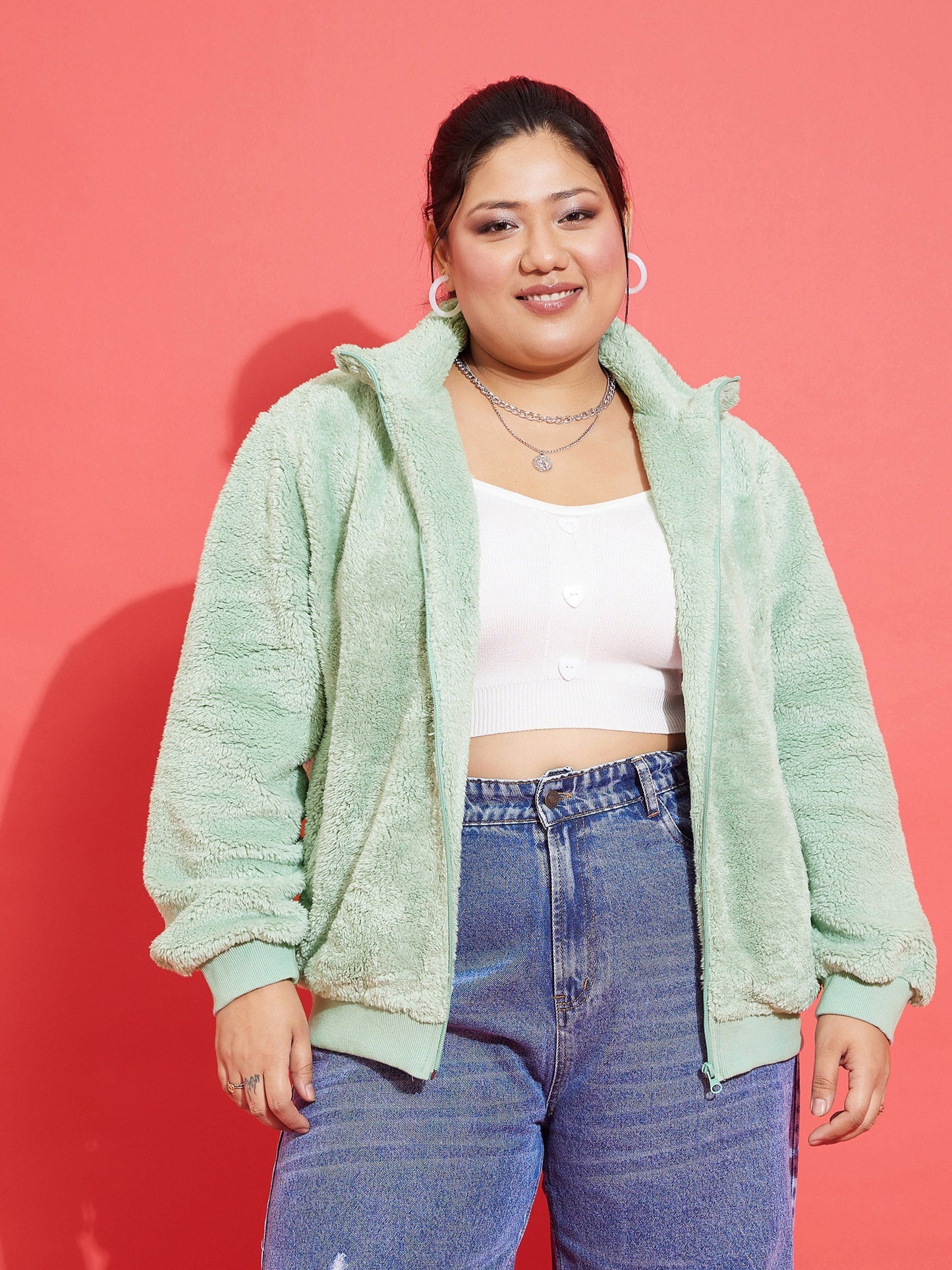 Plus size women's Green Polyester Green Fur Metal Zipper Jacket by Sassafras Curve for wholesale buyers, boutiques, resellers and bulk orders from