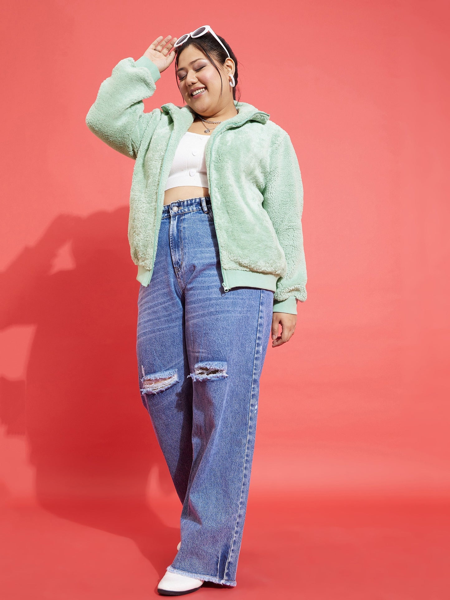 Green Fur Metal Zipper Jacket-SASSAFRAS Curve