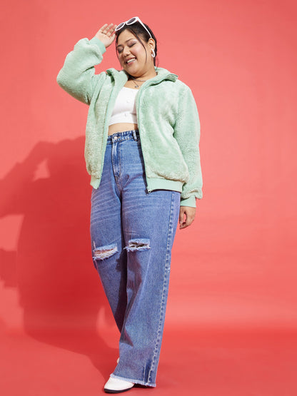 Green Fur Metal Zipper Jacket-SASSAFRAS Curve