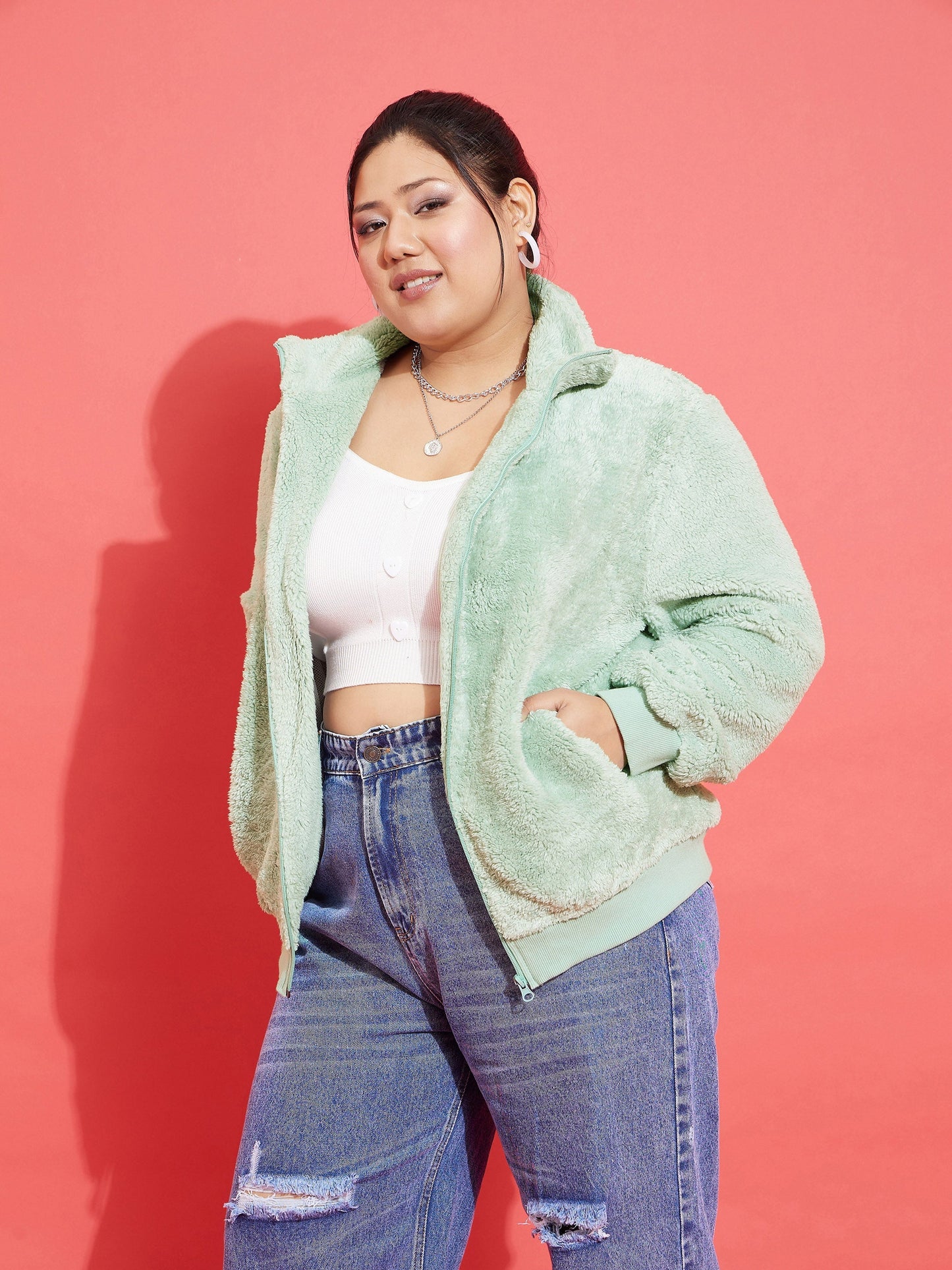 Green Fur Metal Zipper Jacket-SASSAFRAS Curve