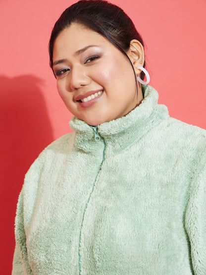 Green Fur Metal Zipper Jacket-SASSAFRAS Curve