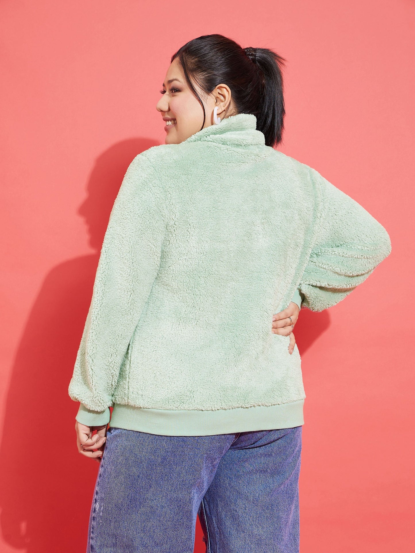 Green Fur Metal Zipper Jacket-SASSAFRAS Curve