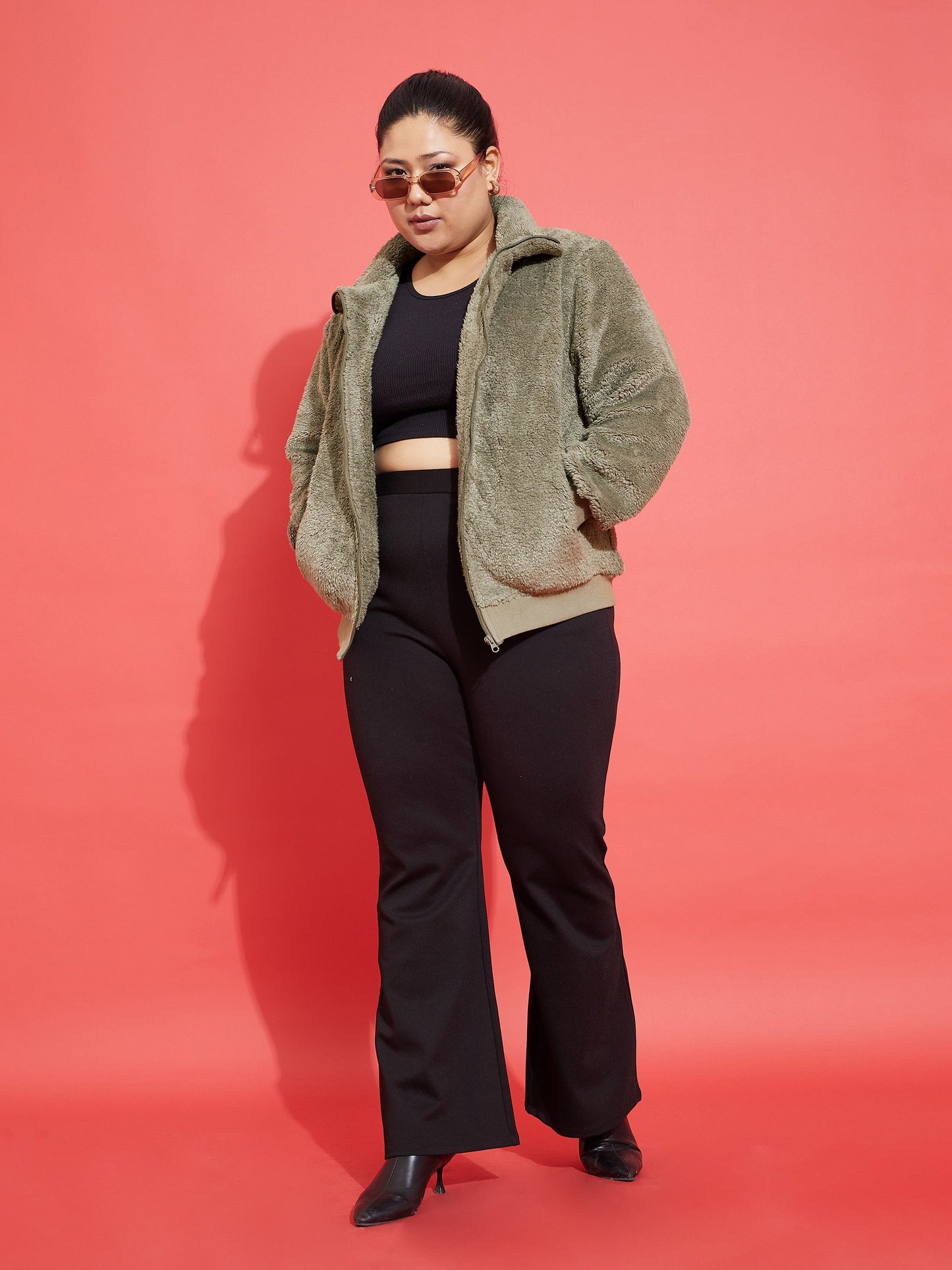 Grey Fur Metal Zipper Jacket-SASSAFRAS Curve