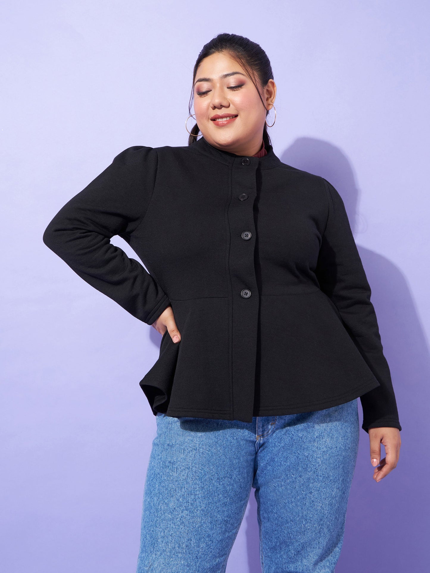 Plus size women's Black Polycotton Black Fleece Button Peplum Jacket by Sassafras Curve for wholesale buyers, boutiques, resellers and bulk orders