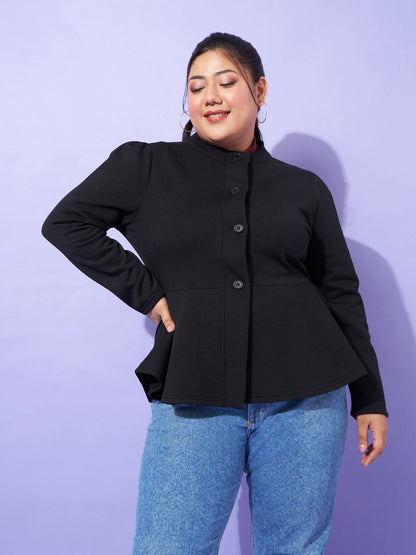 Plus size women's Black Polycotton Black Fleece Button Peplum Jacket by Sassafras Curve for wholesale buyers, boutiques, resellers and bulk orders