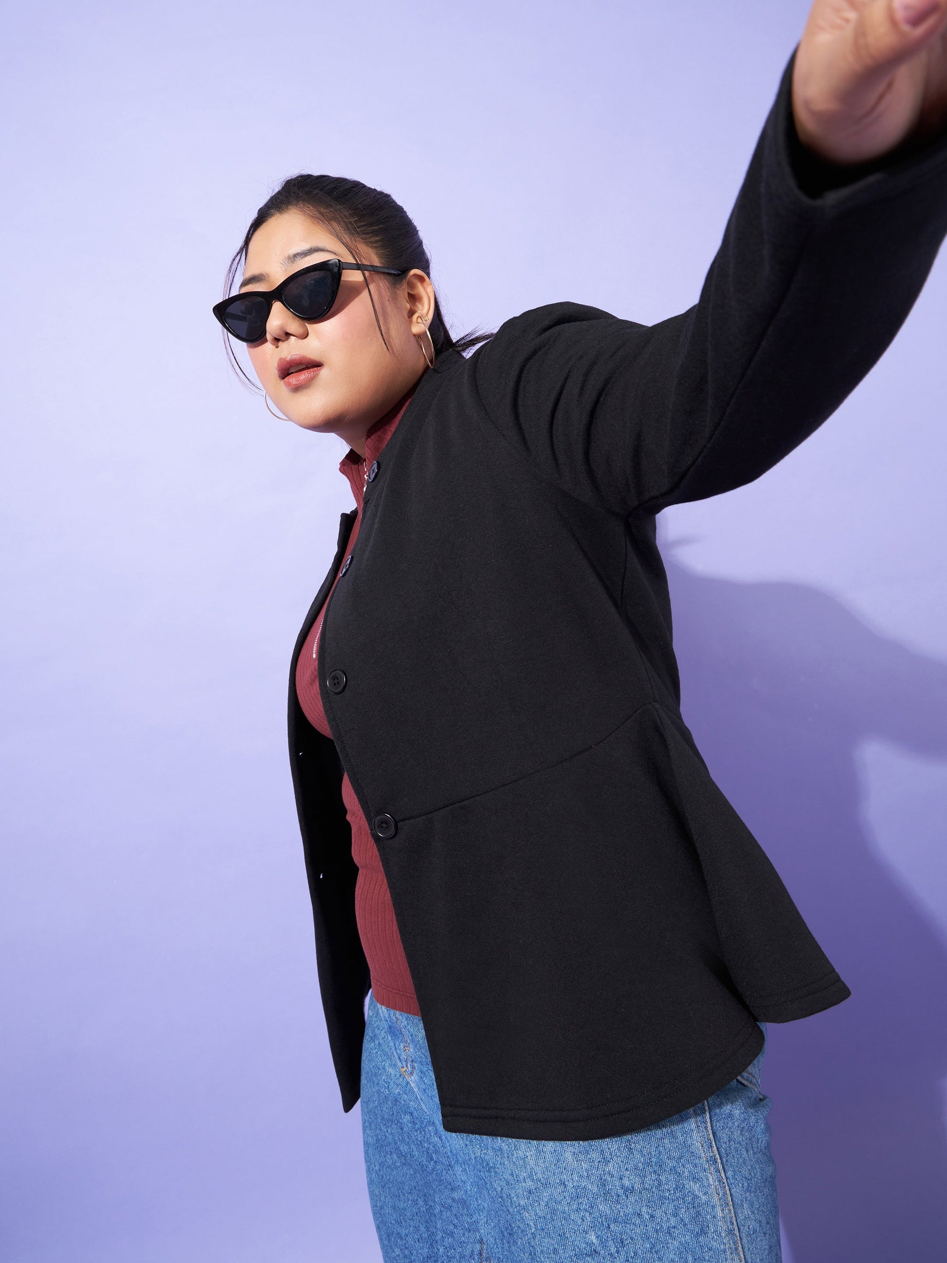 Black Fleece Button Peplum Jacket-SASSAFRAS Curve