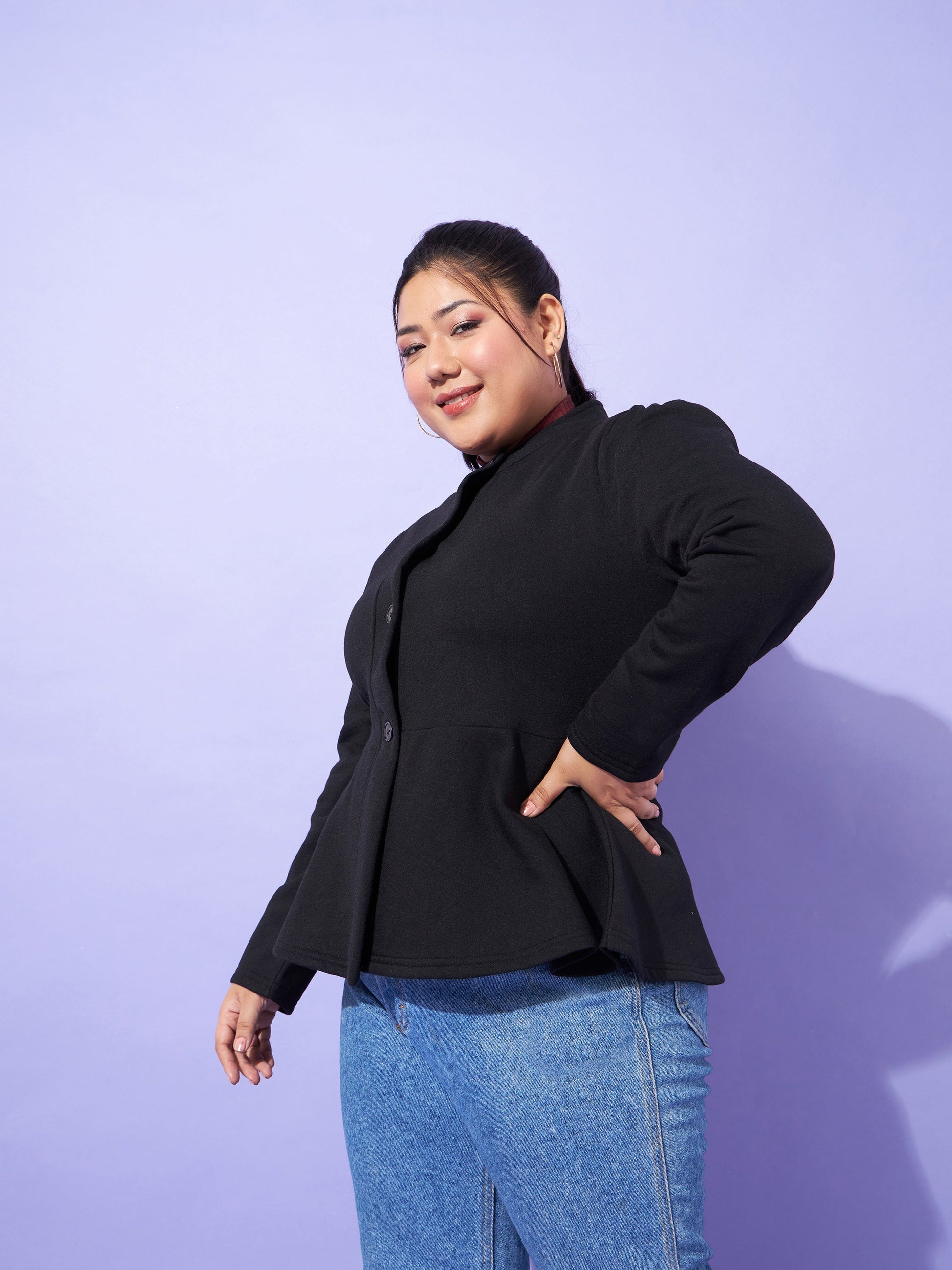 Black Fleece Button Peplum Jacket-SASSAFRAS Curve