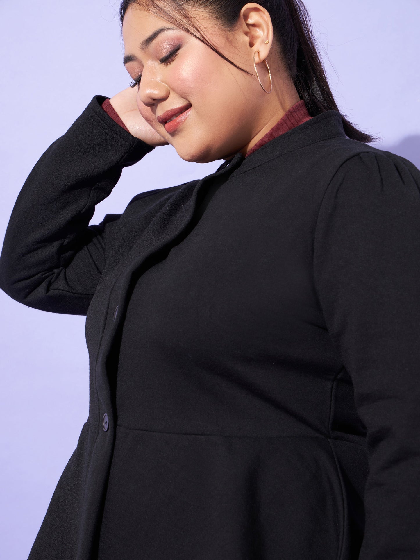 Black Fleece Button Peplum Jacket-SASSAFRAS Curve