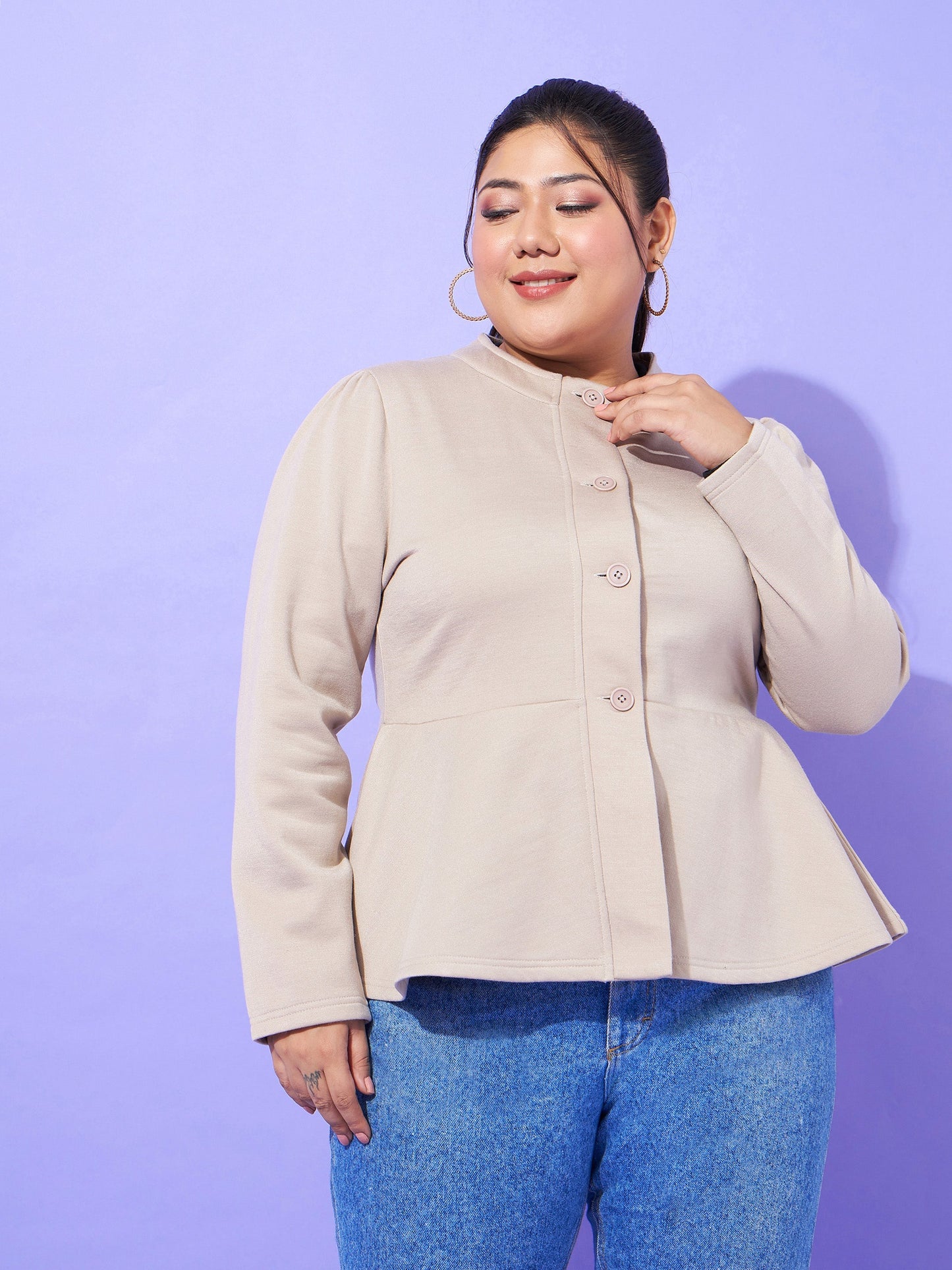 Plus size women's Grey Polycotton Grey Fleece Button Peplum Jacket by Sassafras Curve for wholesale buyers, boutiques, resellers and bulk orders from