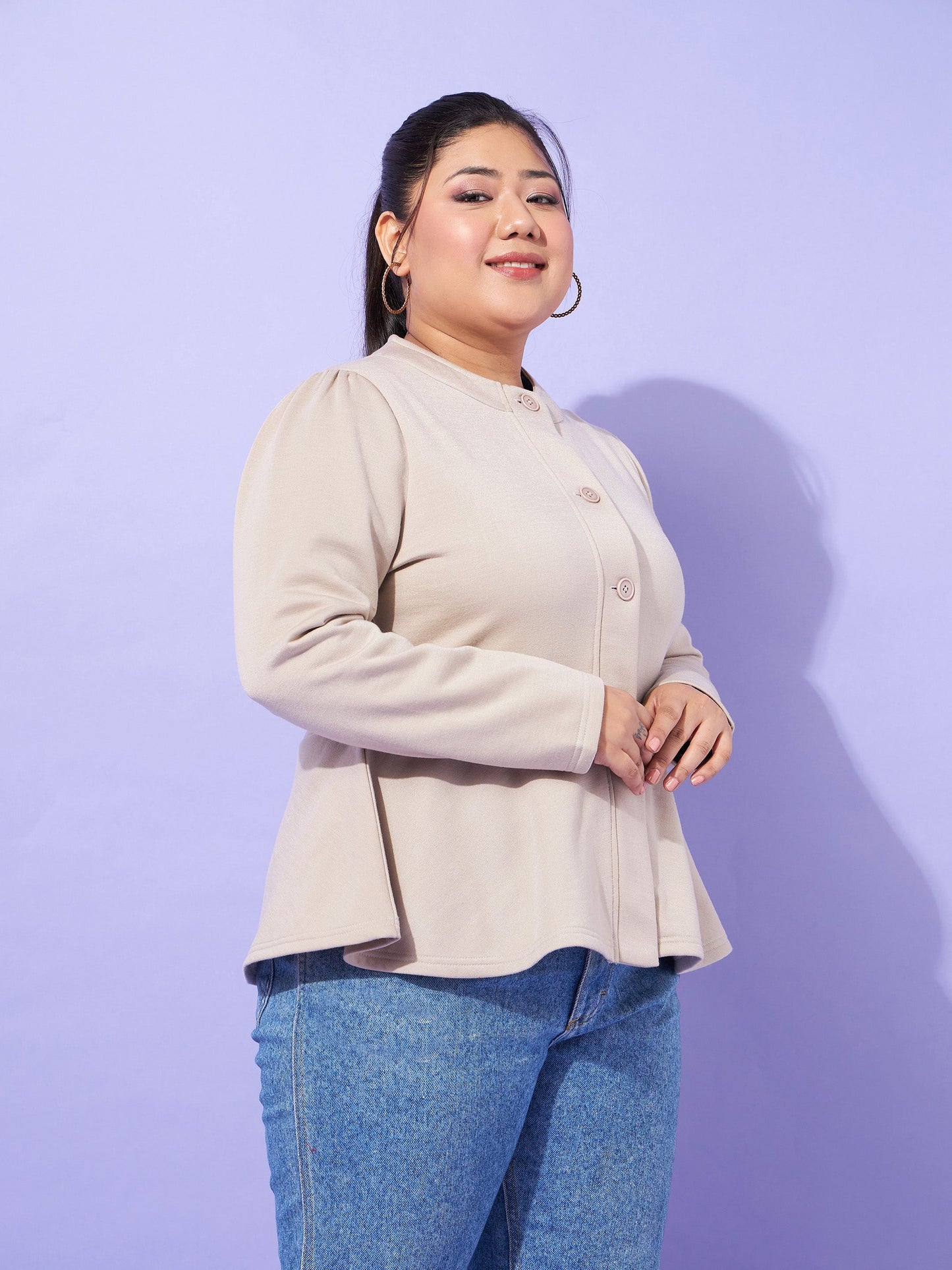 Grey Fleece Button Peplum Jacket-SASSAFRAS Curve