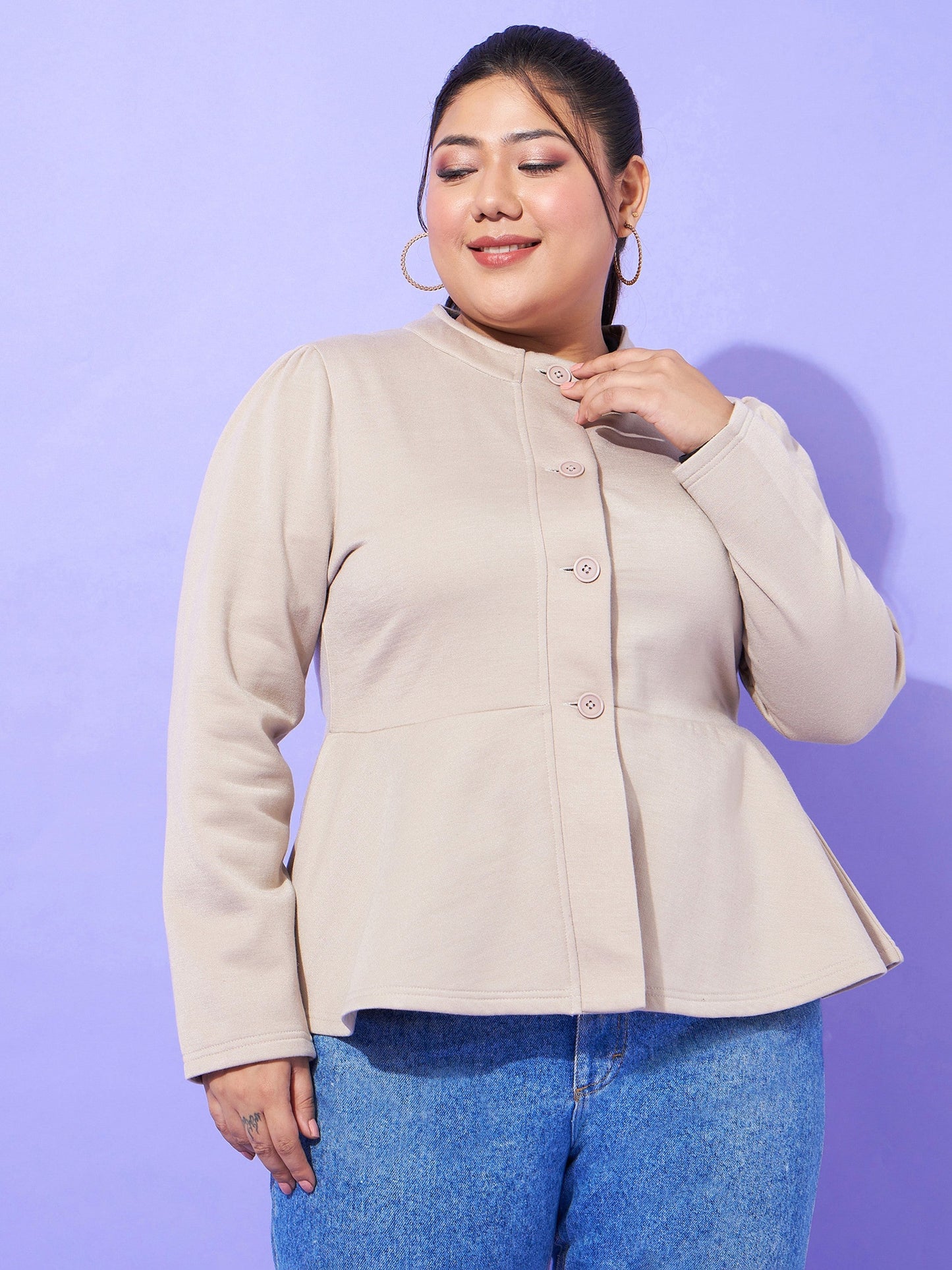 Plus size women's Grey Polycotton Grey Fleece Button Peplum Jacket by Sassafras Curve for wholesale buyers, boutiques, resellers and bulk orders from