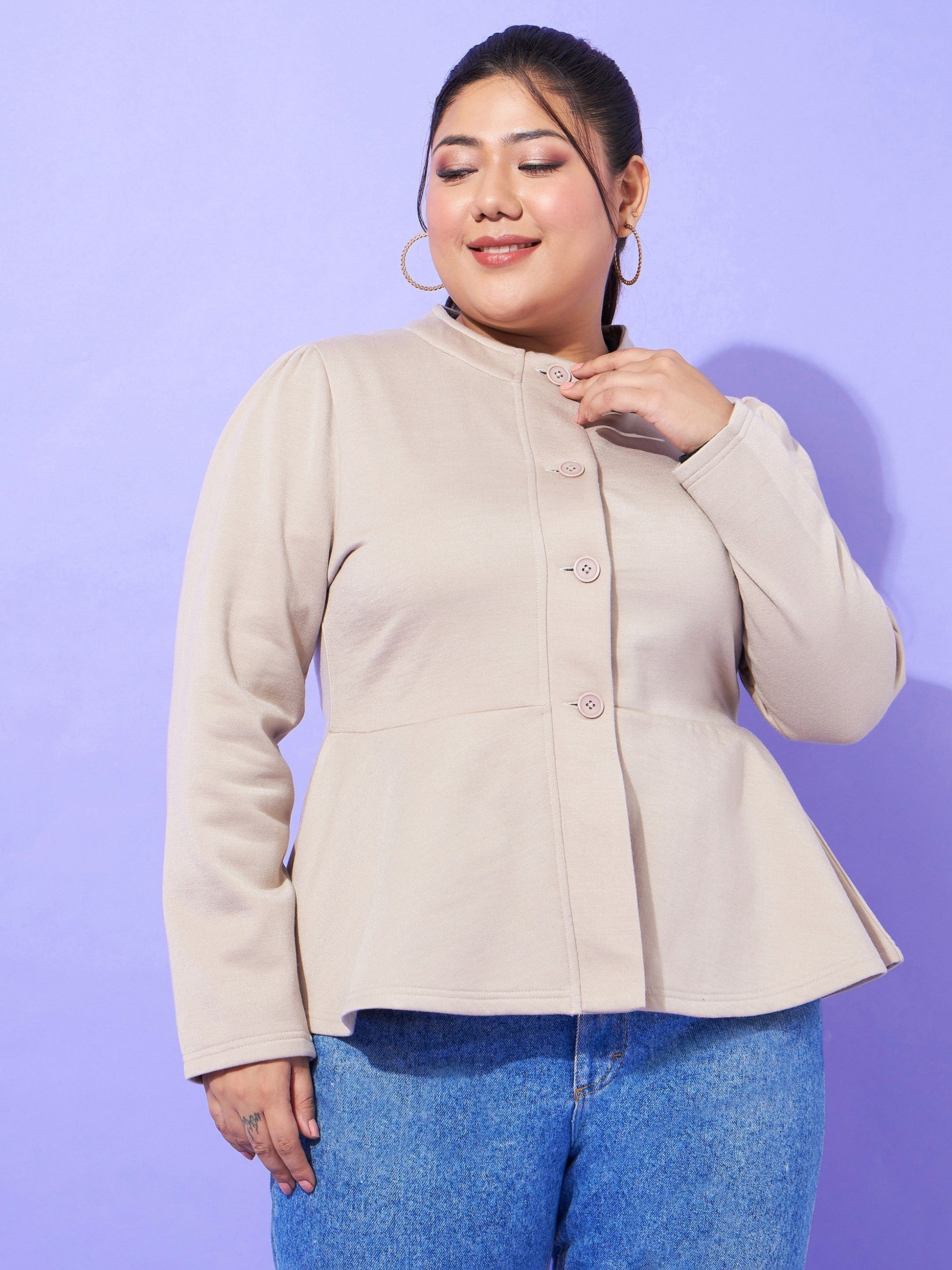 Plus size women's Grey Polycotton Grey Fleece Button Peplum Jacket by Sassafras Curve for wholesale buyers, boutiques, resellers and bulk orders from