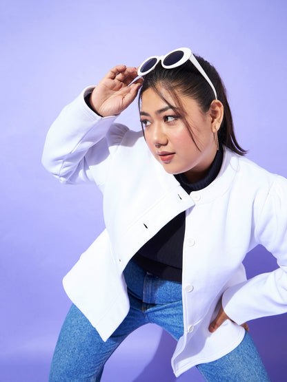 White Fleece Button Peplum Jacket